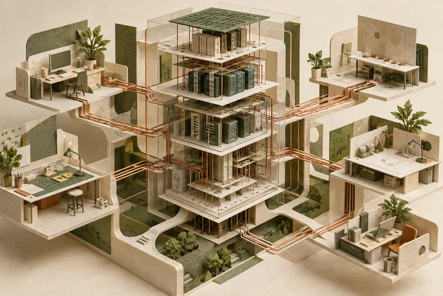 Original paper-sculpture illustration of connected workspaces surrounding a layered software system