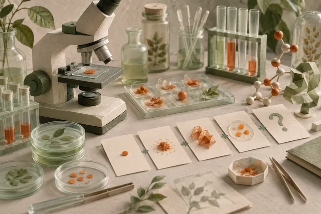 Original paper-and-glass illustration of a microscope, samples and a sequence of experimental evidence cards