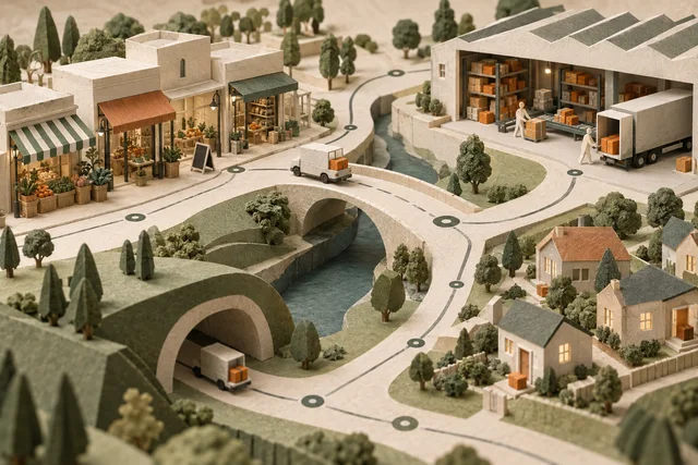 Original miniature illustration connecting shops, homes, deliveries and a warehouse