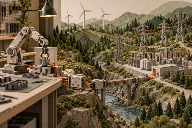 Original miniature illustration of a robotic workbench connected to an energy infrastructure landscape